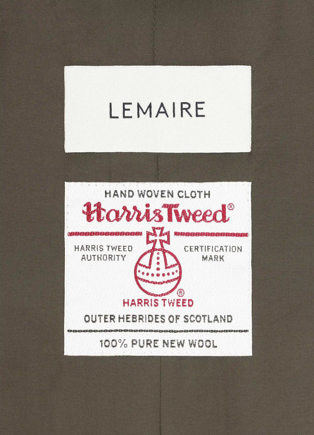 Chesterfield Coat in Herringbone Harris Tweed, fabric label close-up woven certification label