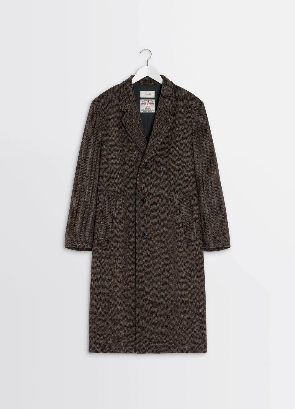 Chesterfield Coat in Harris Tweed Herringbone, product shot, hanger display classic wool texture