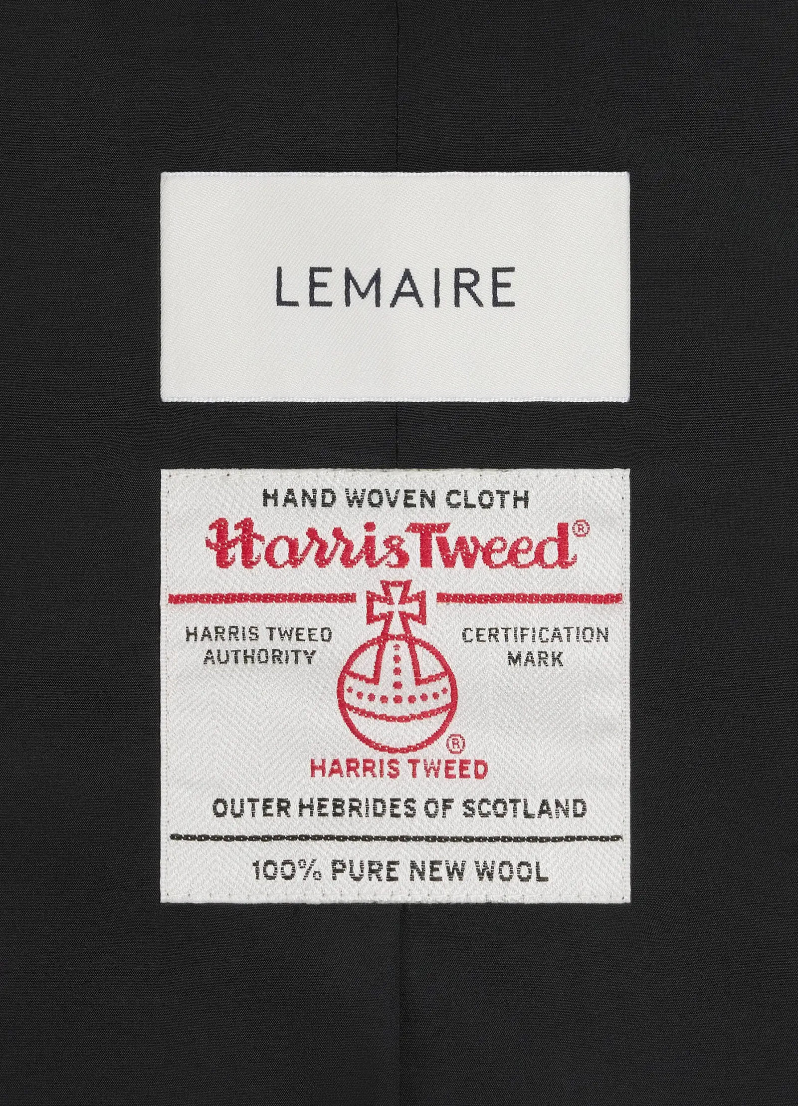Chesterfield coat in harris tweed herringbone, fabric label detail woven texture
