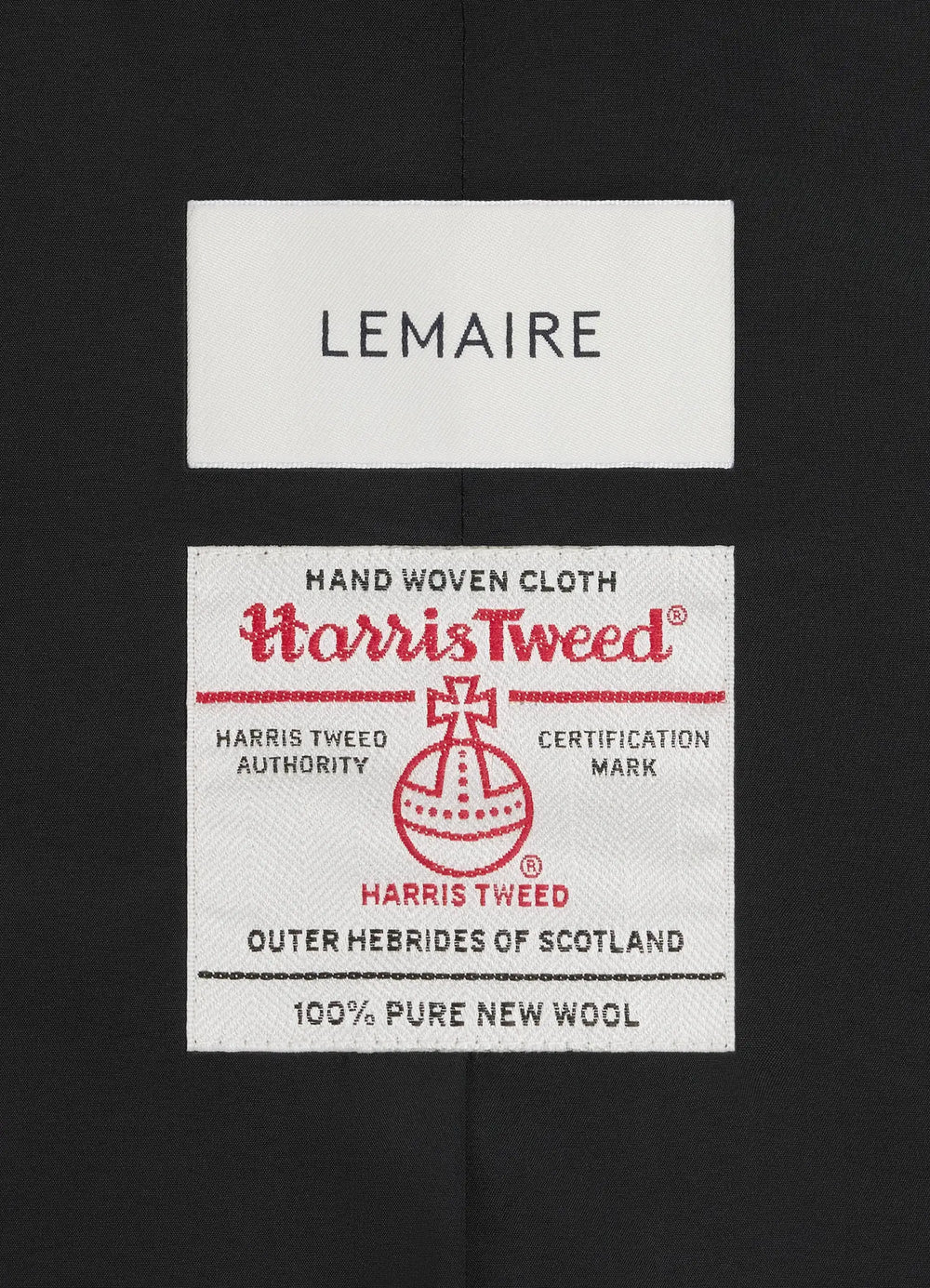 Chesterfield Coat in Harris Tweed Herringbone, fabric label detail woven texture