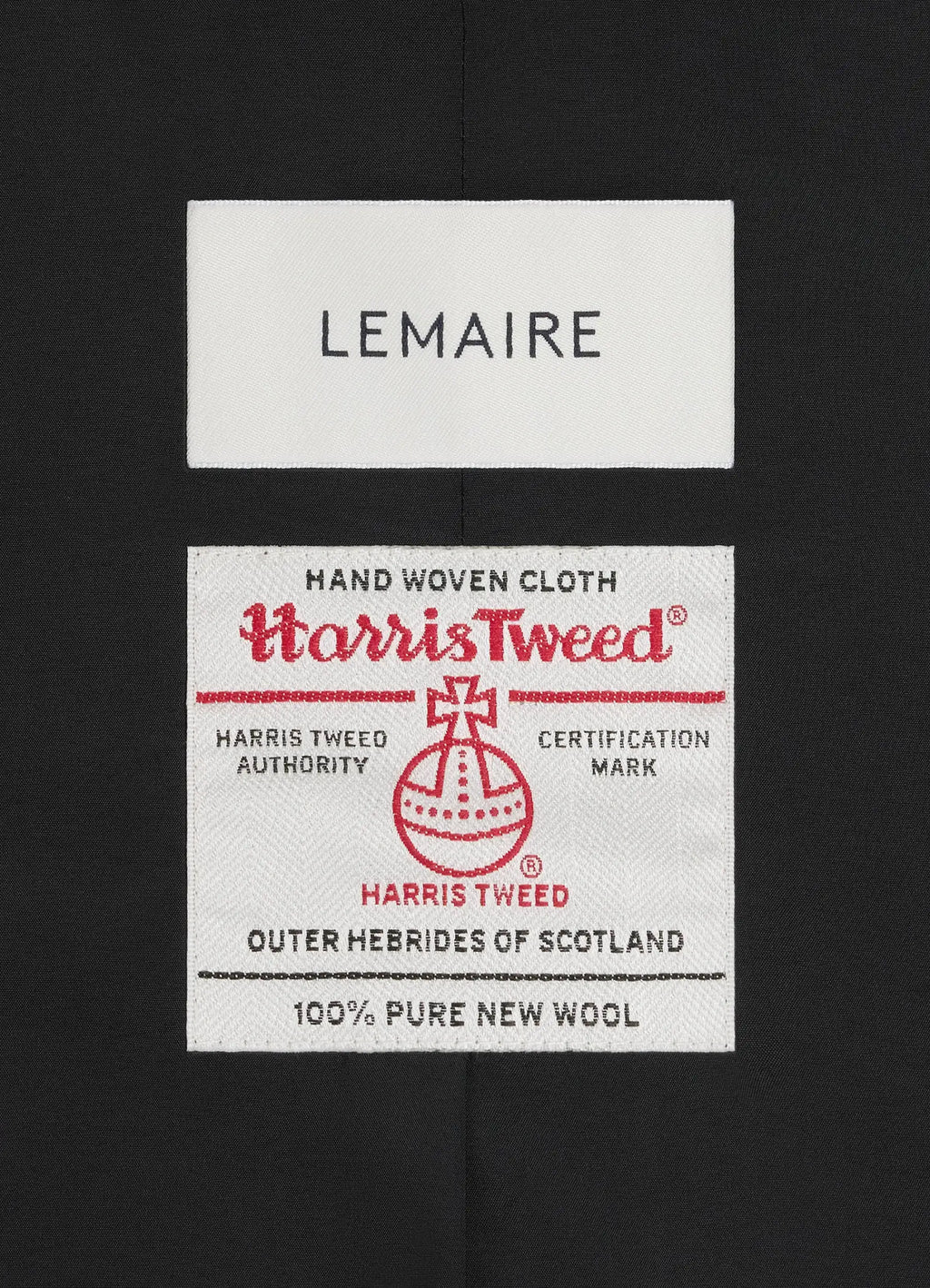 Chesterfield Coat in Harris Tweed Herringbone, fabric label detail woven texture