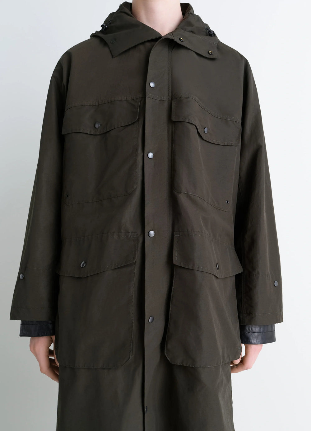 Lemaire Utility Raincoat in Khaki Linen Cotton Blend, model shot, front torso detail shot buttoned pocket details
