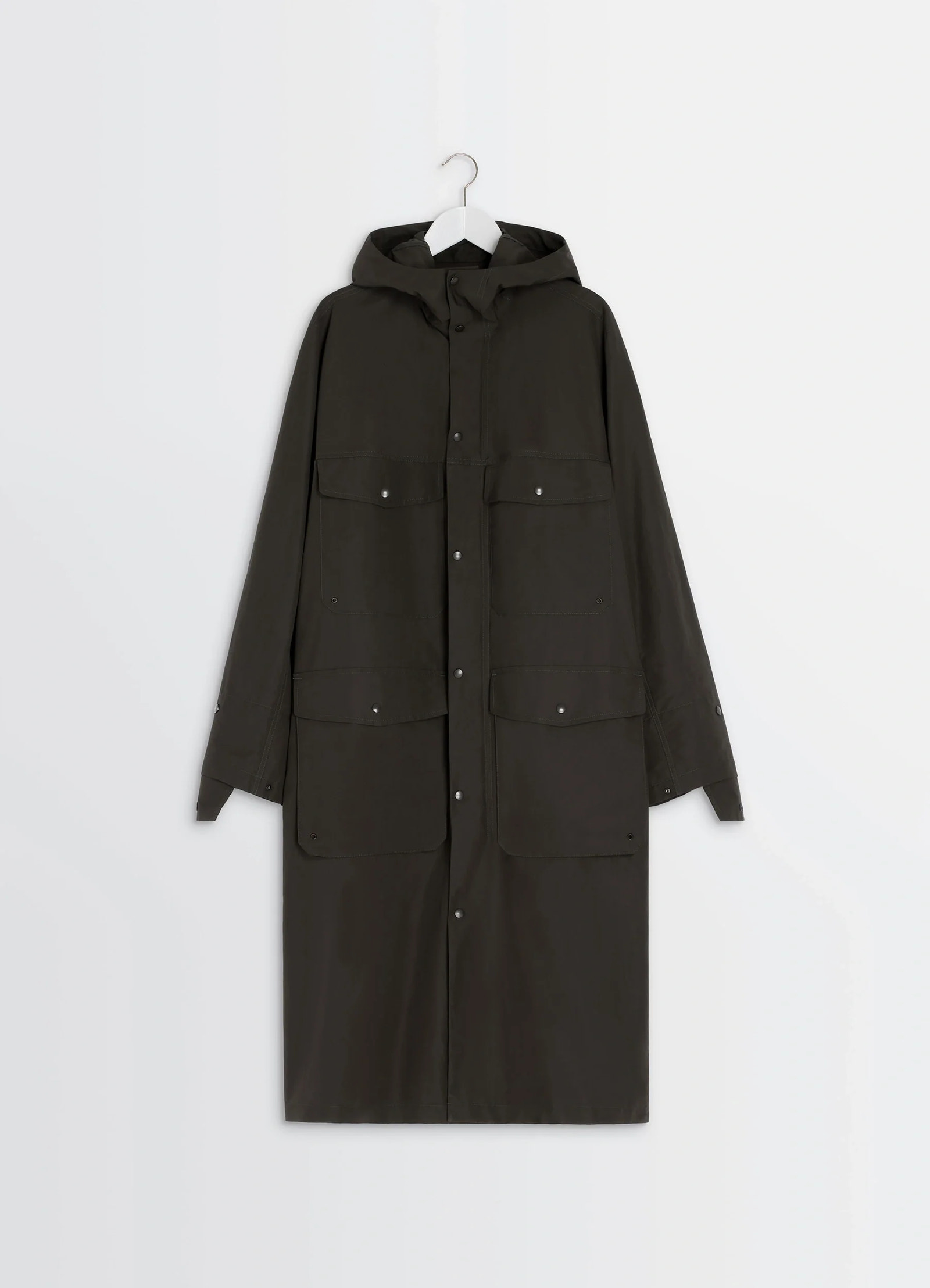 Lemaire utility raincoat in khaki linen cotton blend, product shot, hanging full front view pressed stud front closure