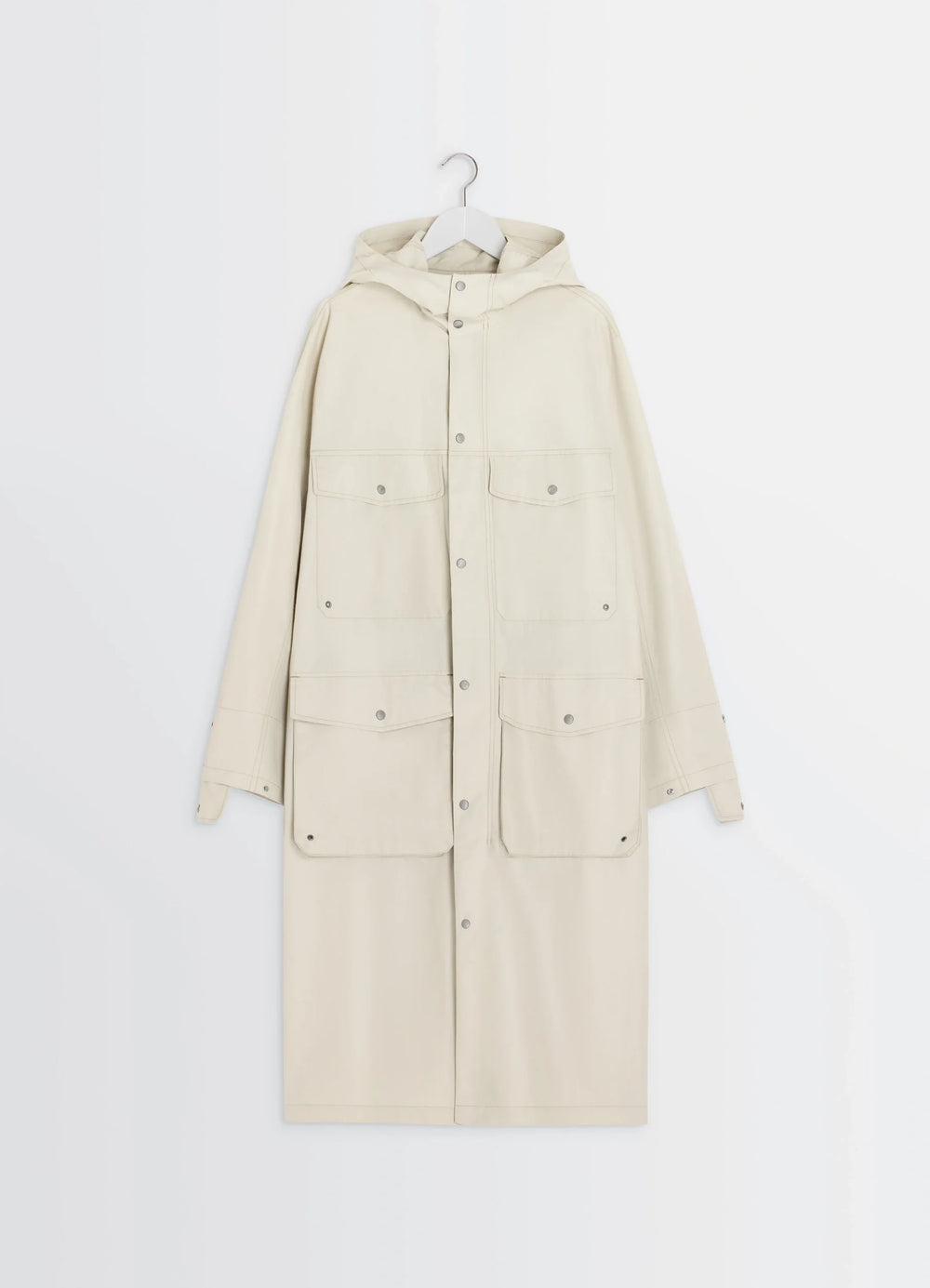 Lemaire Utility Raincoat in Beige Linen Cotton Blend, product shot, hanger front detail snap button utility pockets