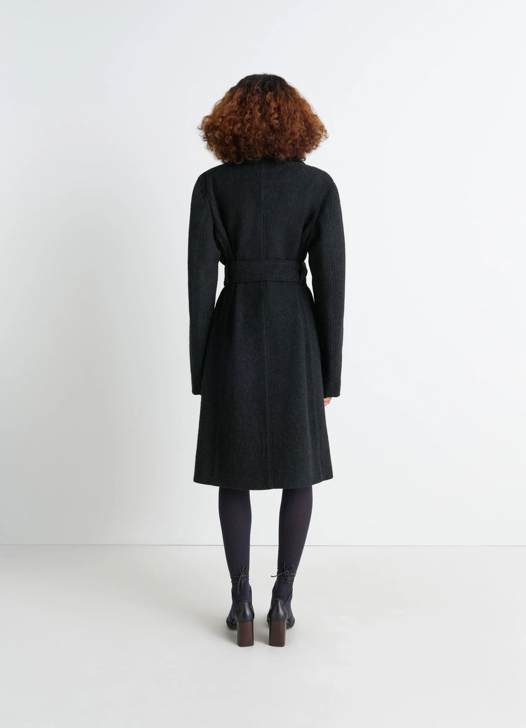Belted Tailored Coat in Deep Charcoal Wool Alpaca, model shot, back view belted silhouette, straight back se