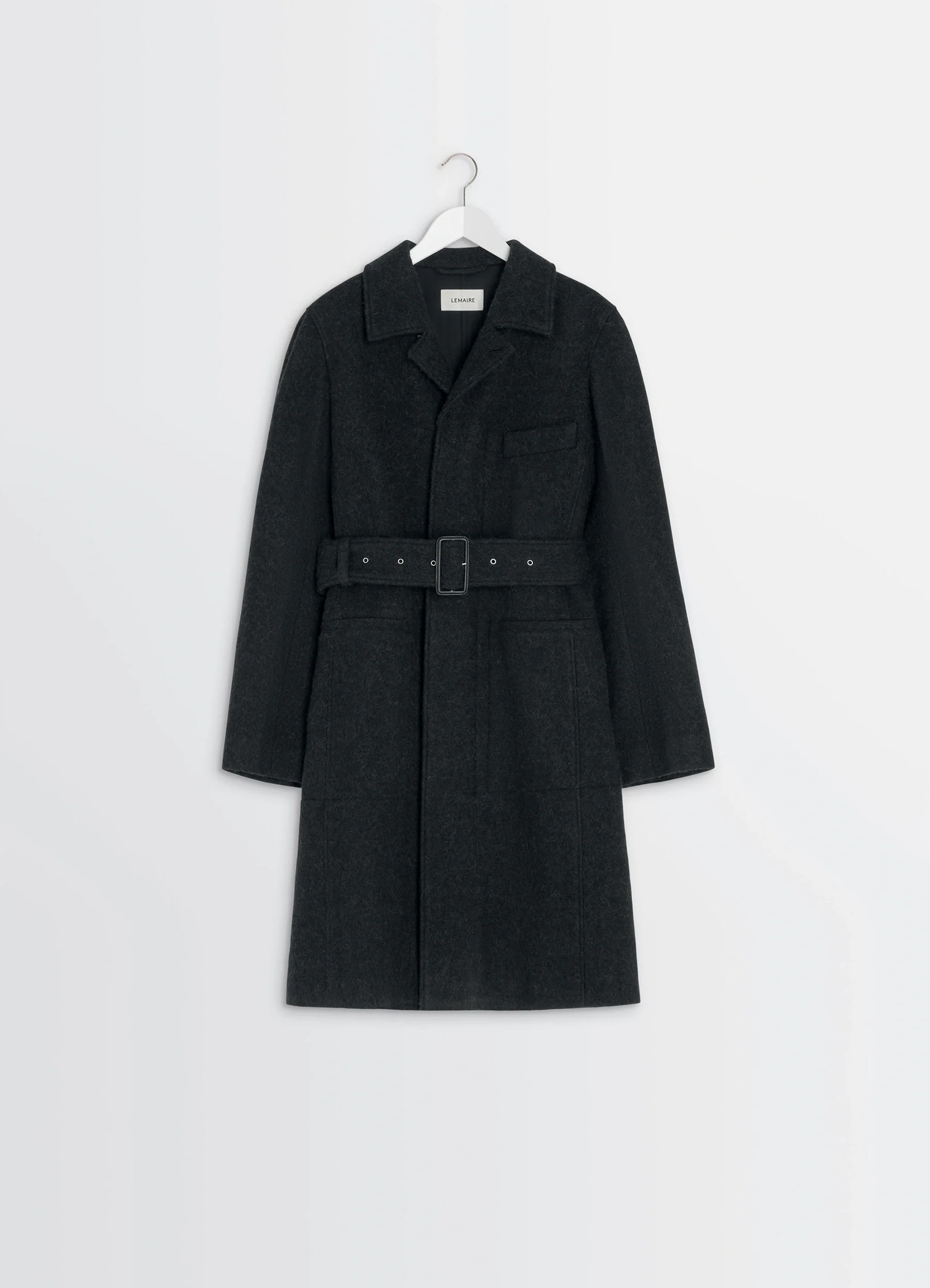 Belted tailored coat in deep charcoal wool alpaca, product shot, hanging display view notch lapel, dual pocket
