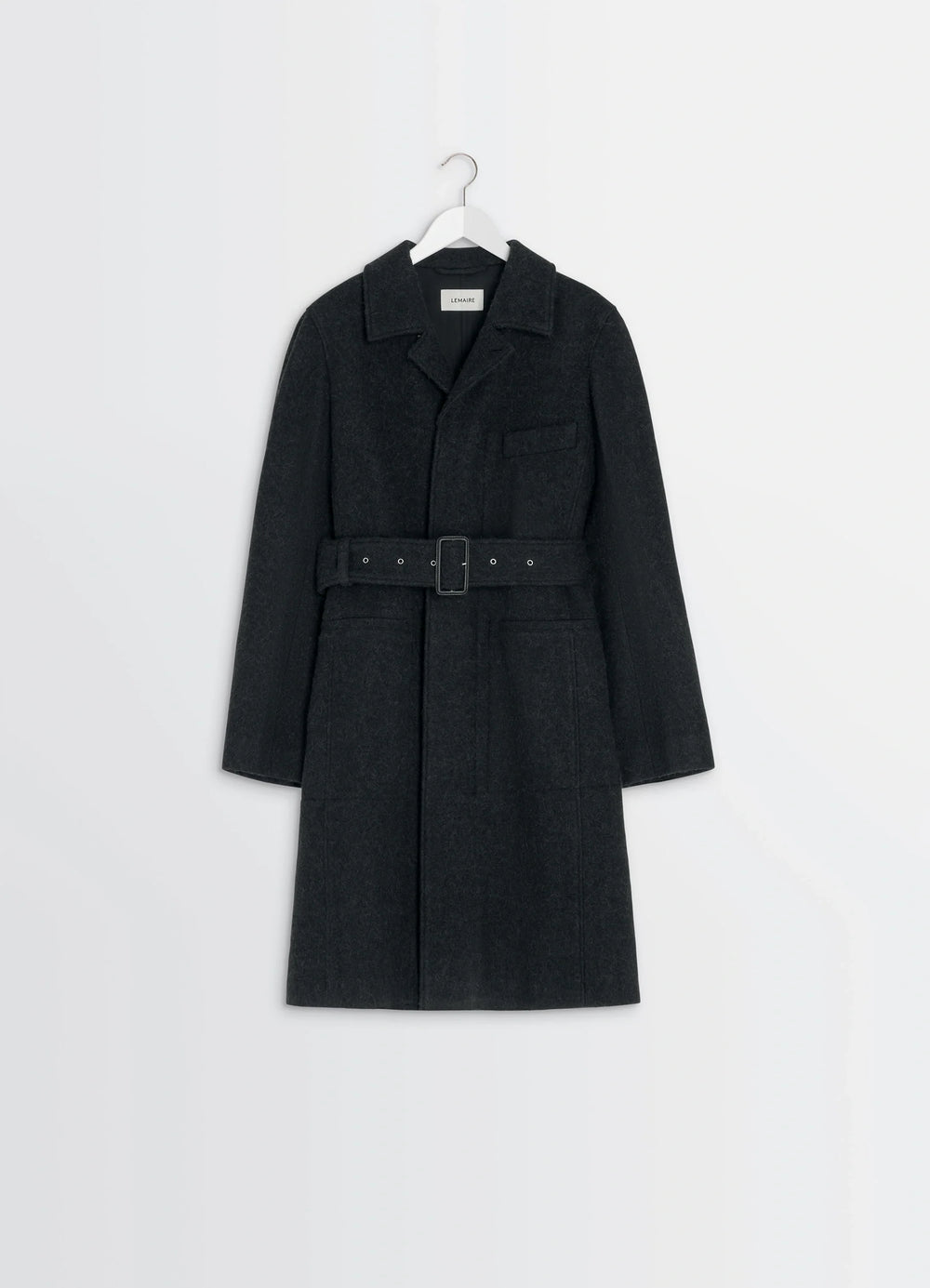 Belted Tailored Coat in Deep Charcoal Wool Alpaca, product shot, hanging display view notch lapel, dual pocket