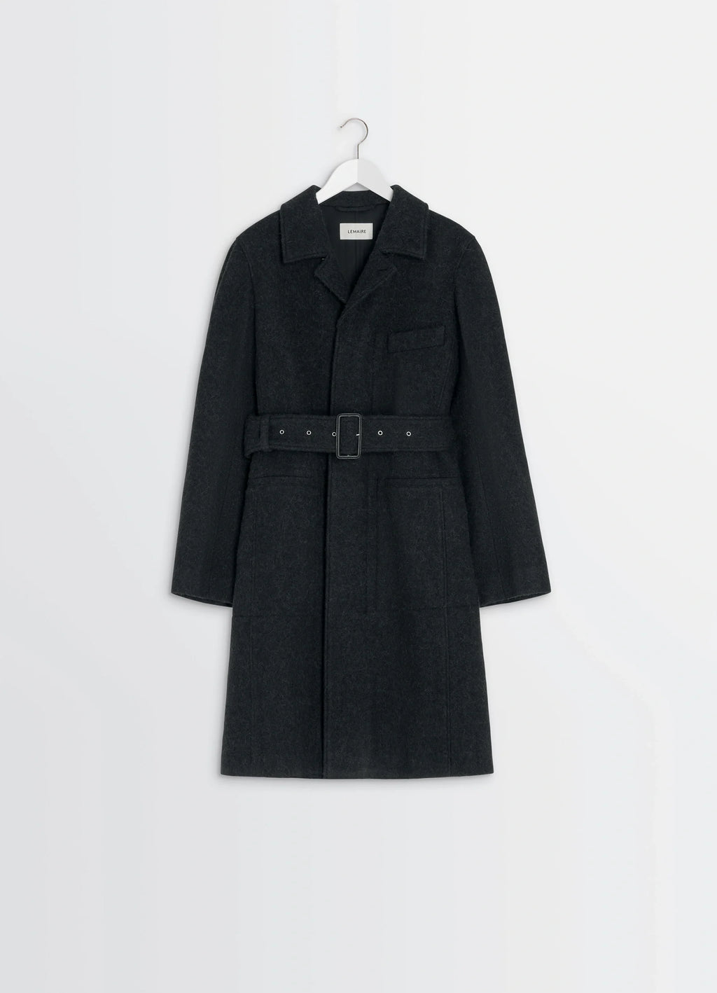 Belted Tailored Coat in Deep Charcoal Wool Alpaca, product shot, hanging display view notch lapel, dual pocket
