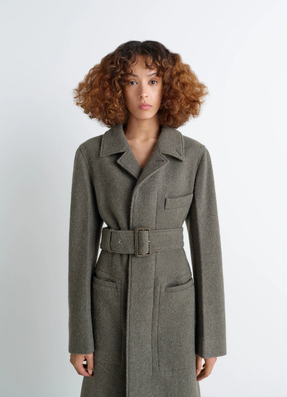 Belted Tailored Coat in Wool and Alpaca Blend, model shot, 3/4 front view notched lapel, large buckle