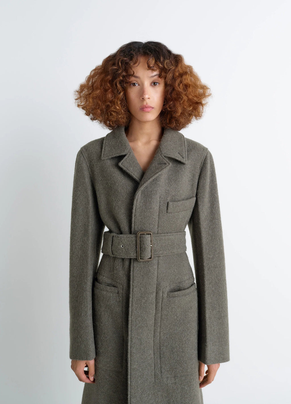 Belted Tailored Coat in Wool and Alpaca Blend, model shot, 3/4 front view notched lapel, large buckle