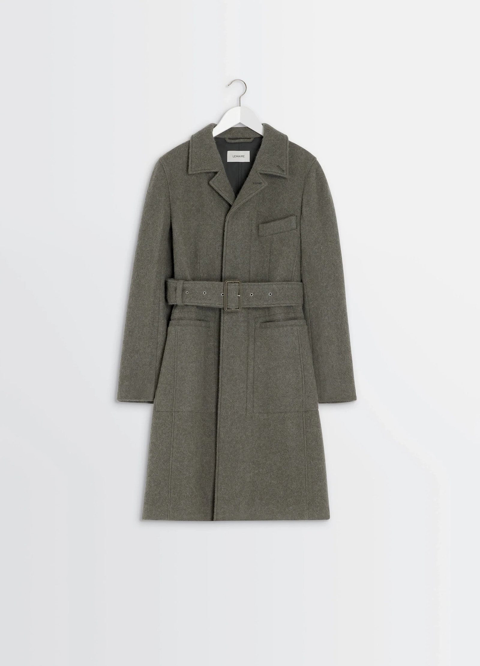 Belted tailored coat in wool and alpaca blend, product shot, hanger flat front view belt with large buckle