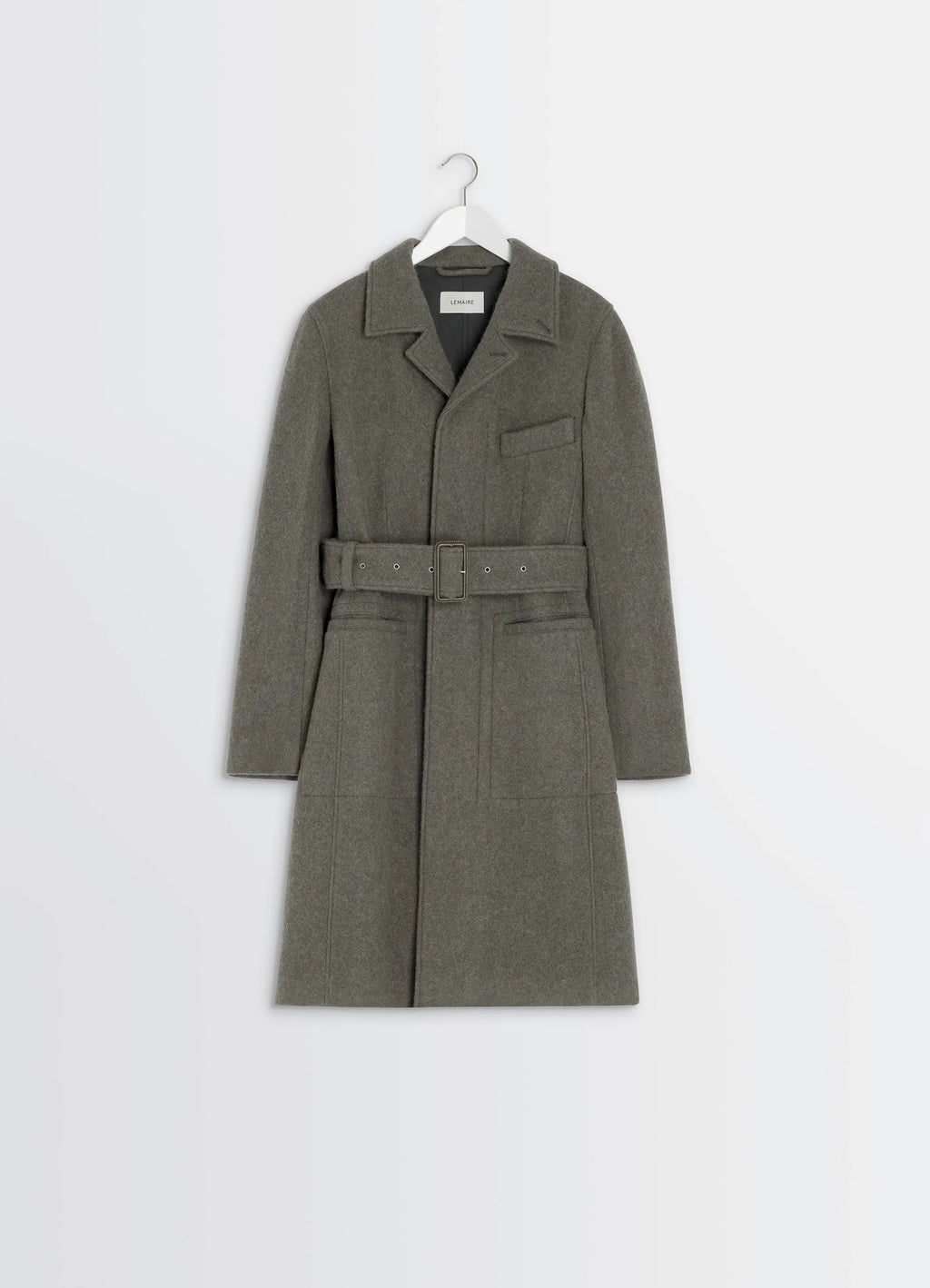 Belted Tailored Coat in Wool and Alpaca Blend, product shot, hanger flat front view belt with large buckle