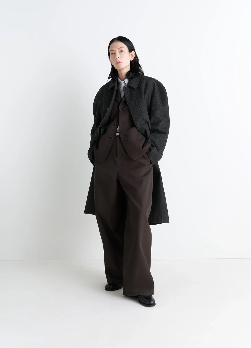 Lemaire Raglan Sleeve Coat in RWS wool cotton twill, model shot, front view oversized androgynous