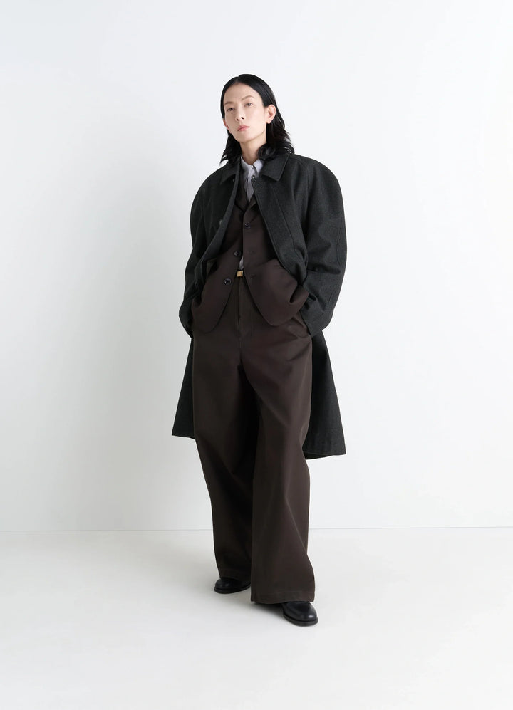 Lemaire Raglan Sleeve Coat in RWS wool cotton twill, model shot, front view oversized androgynous