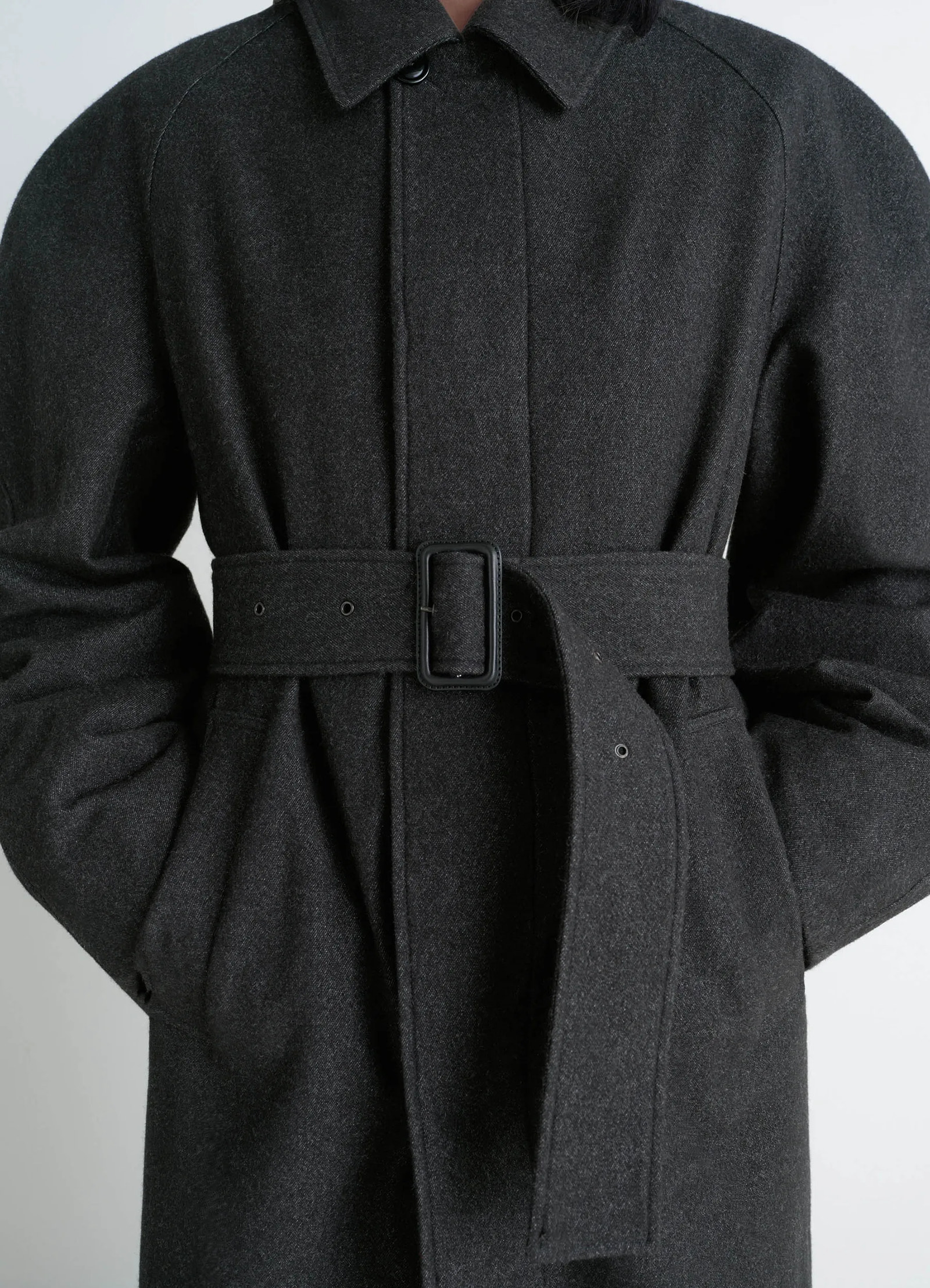 Lemaire raglan sleeve coat in rws wool cotton twill, model shot, detail shot belted waist