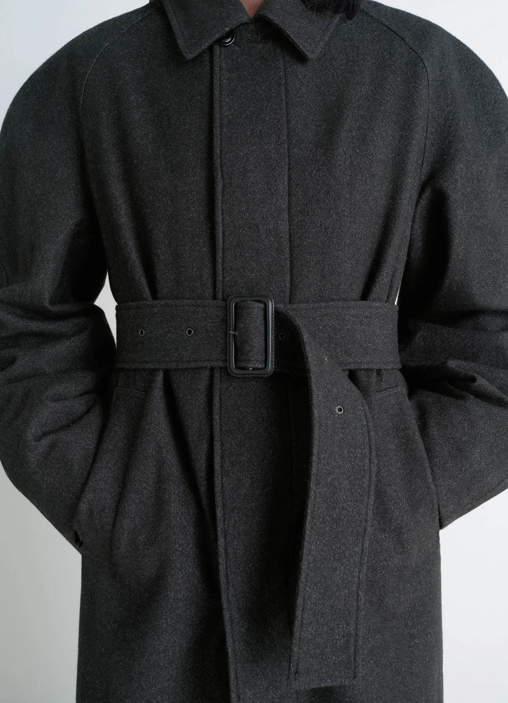Lemaire Raglan Sleeve Coat in RWS wool cotton twill, model shot, detail shot belted waist
