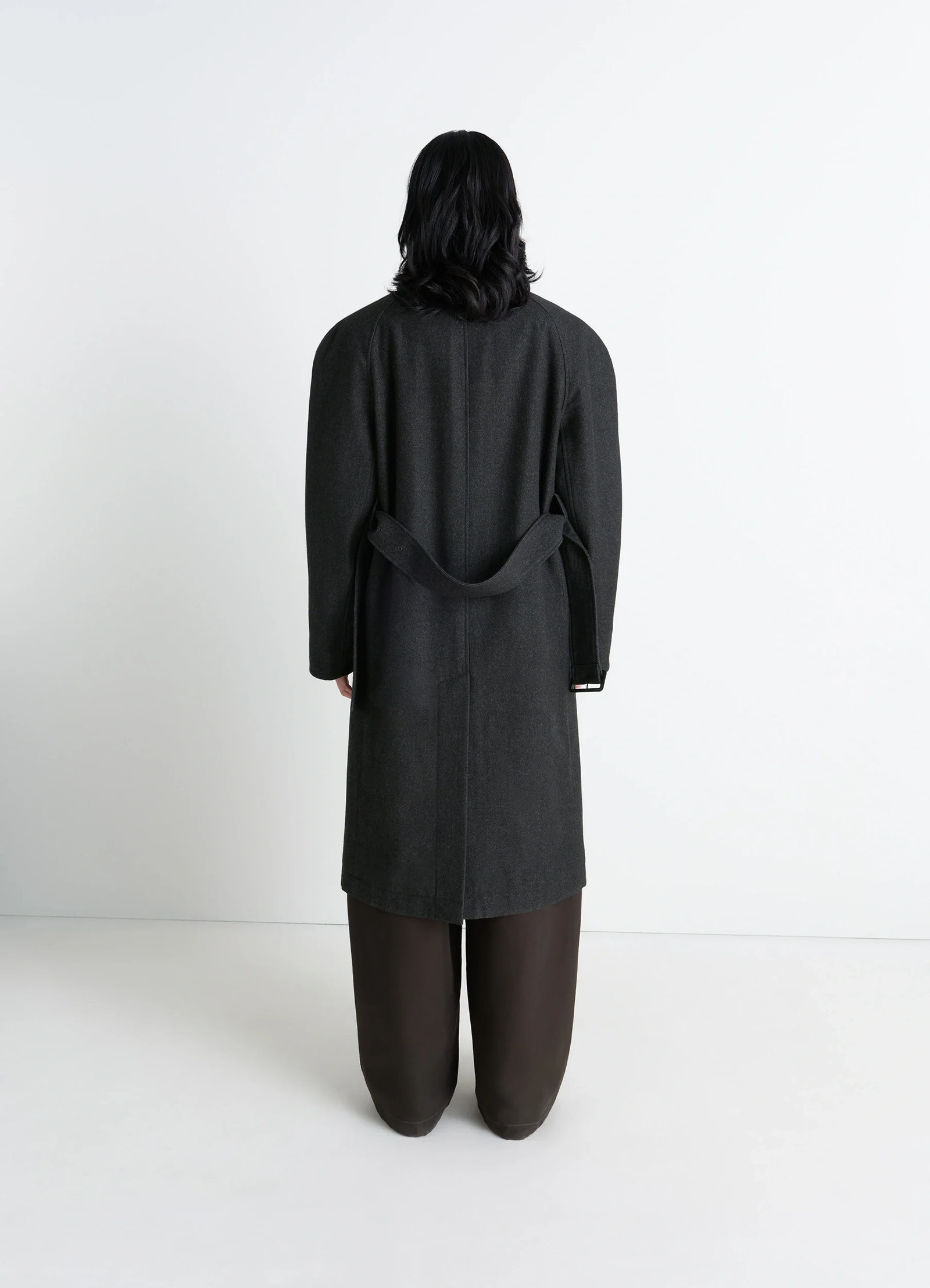 Lemaire raglan sleeve coat in rws wool cotton twill, model shot, back view belted oversized cut