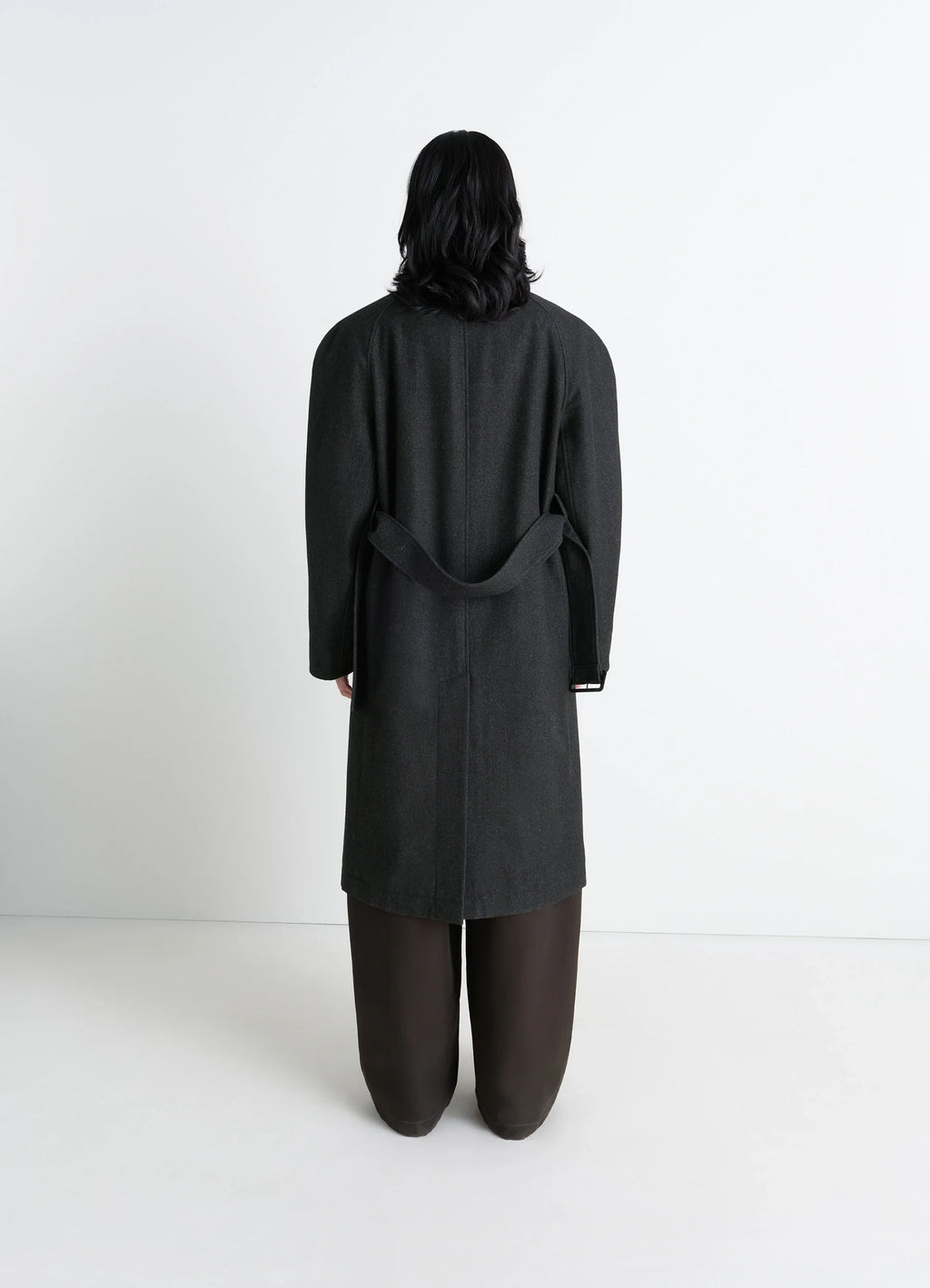 Lemaire Raglan Sleeve Coat in RWS wool cotton twill, model shot, back view belted oversized cut