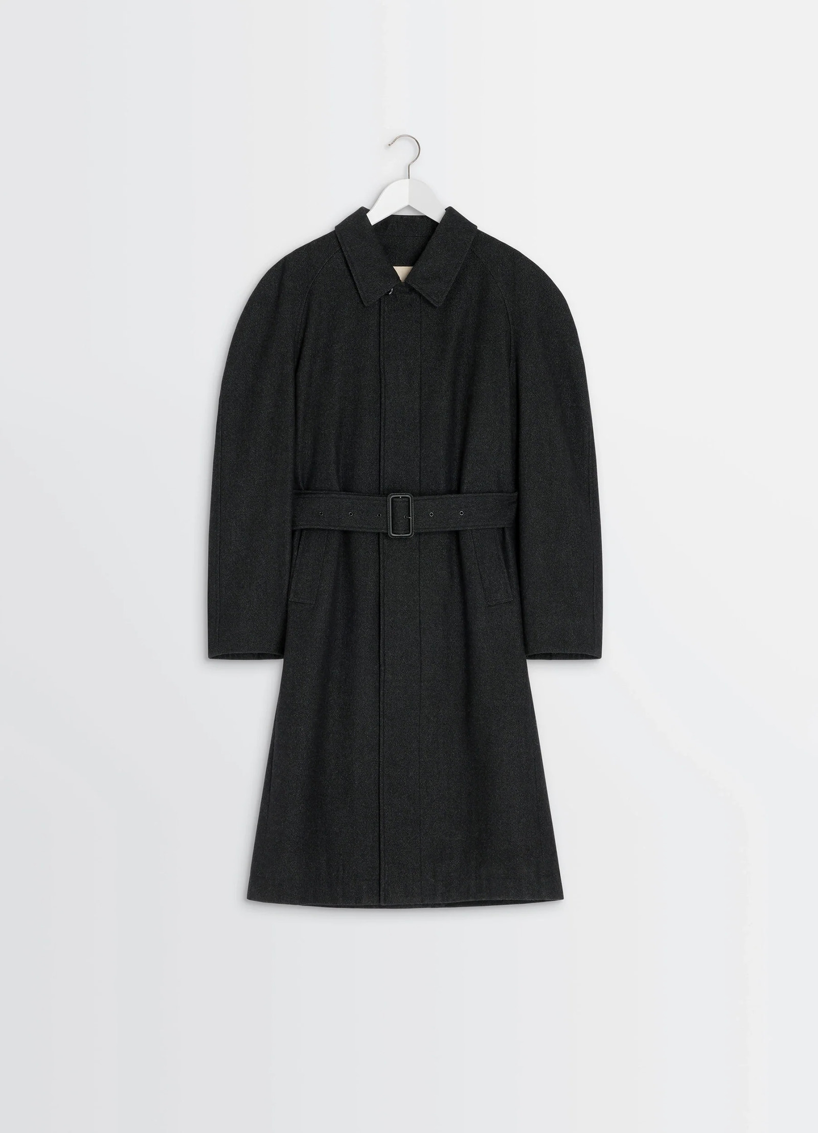Lemaire raglan sleeve coat in rws wool cotton twill, product shot, hanging view structured collar, mid-length