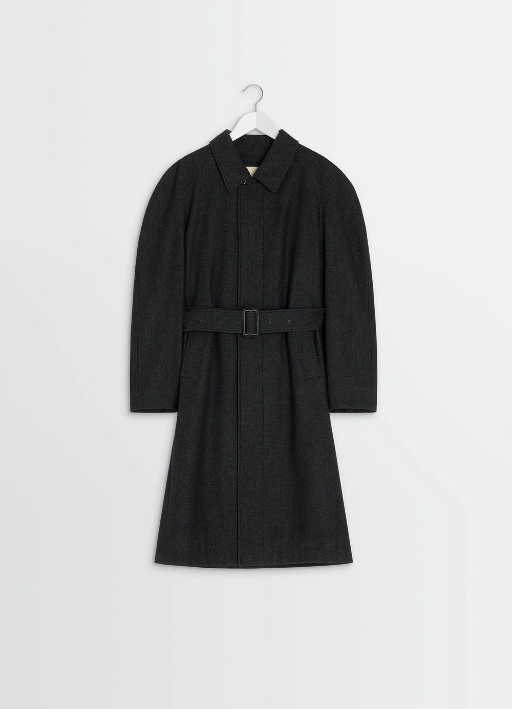 Lemaire Raglan Sleeve Coat in RWS wool cotton twill, product shot, hanging view structured collar, mid-length