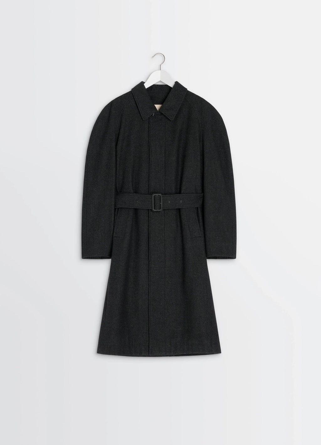 Lemaire Raglan Sleeve Coat in RWS wool cotton twill, product shot, hanging view structured collar, mid-length