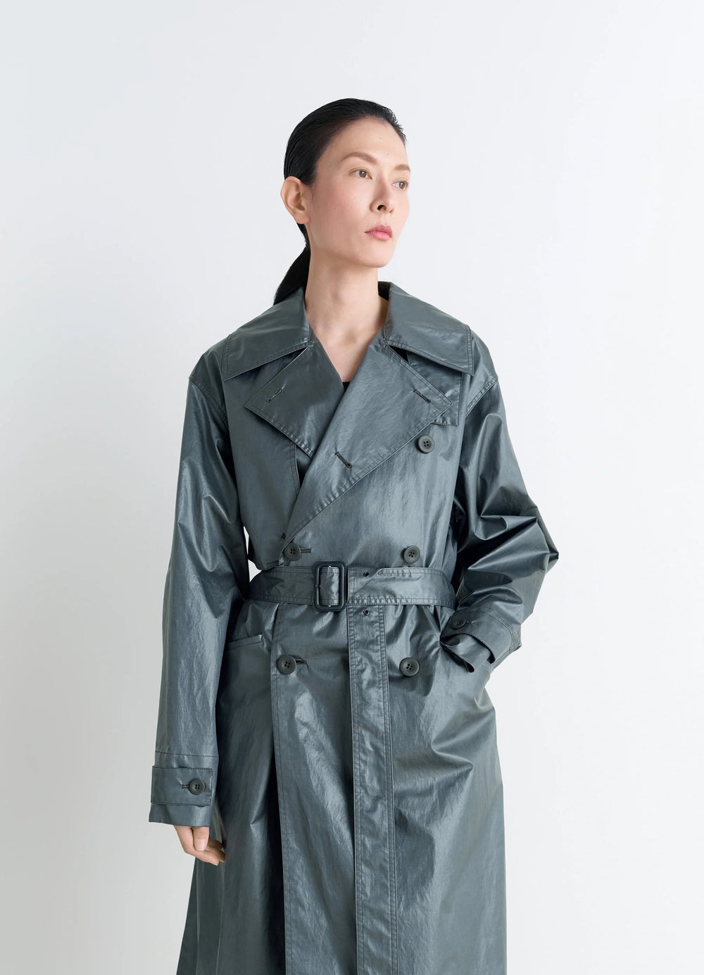 Oversized Trench Coat in Metallic Coated Cotton, model shot, three-quarter view large lapels