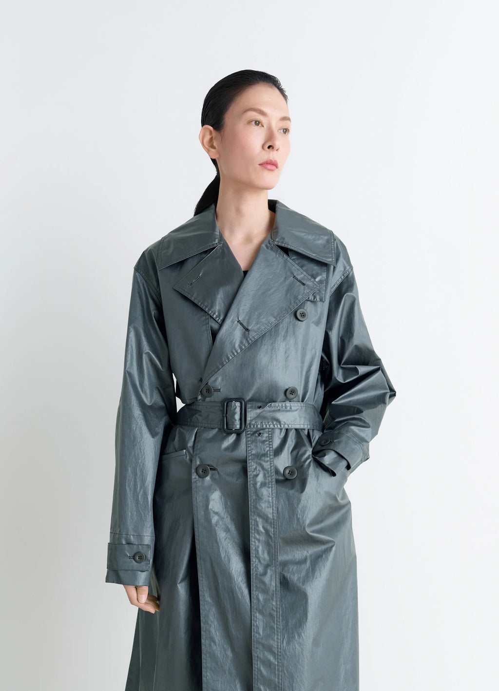 Oversized Trench Coat in Metallic Coated Cotton, model shot, three-quarter view large lapels