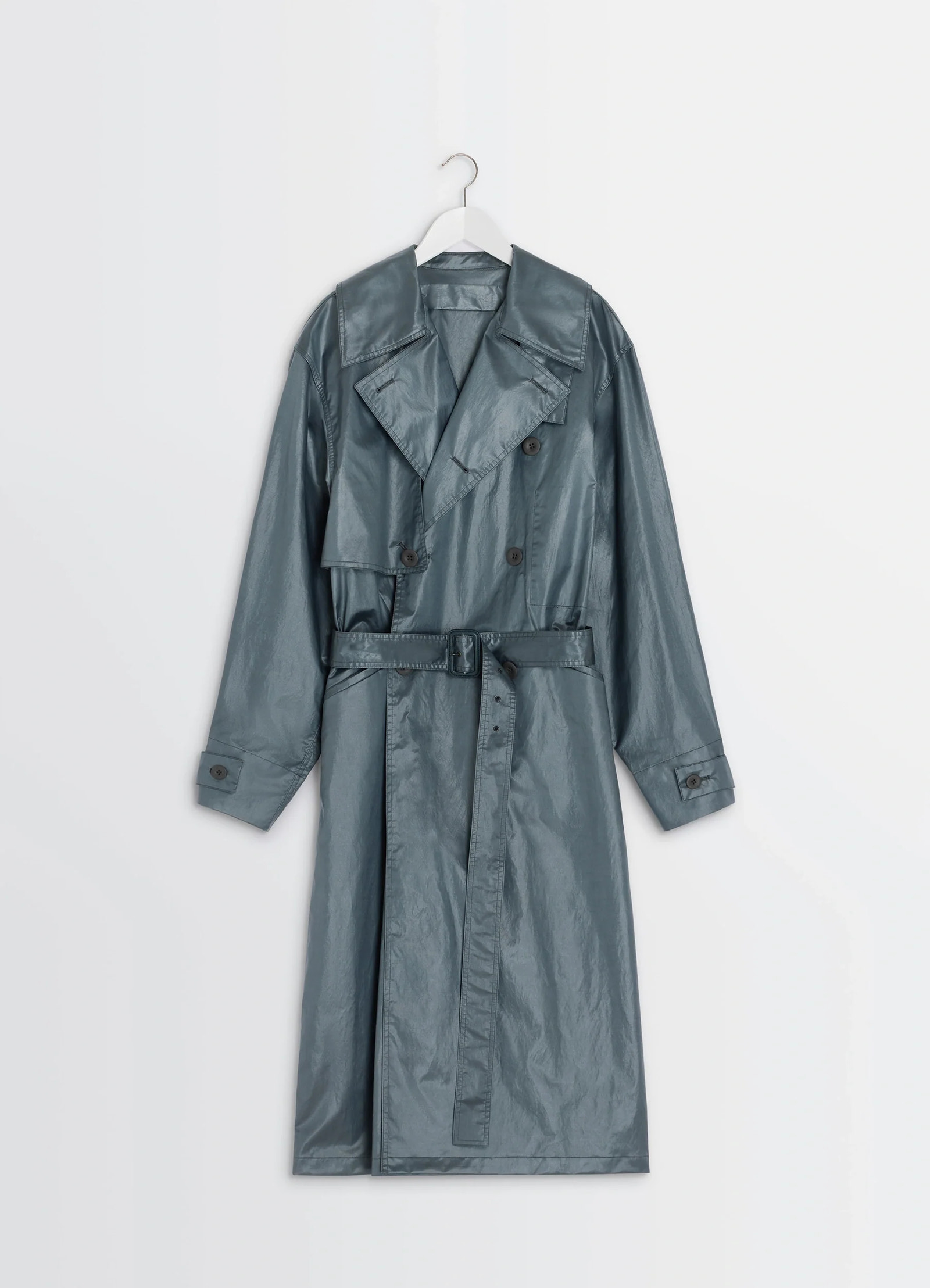 Oversized trench coat in metallic coated cotton, product shot, hanger view large lapels, cinched belt