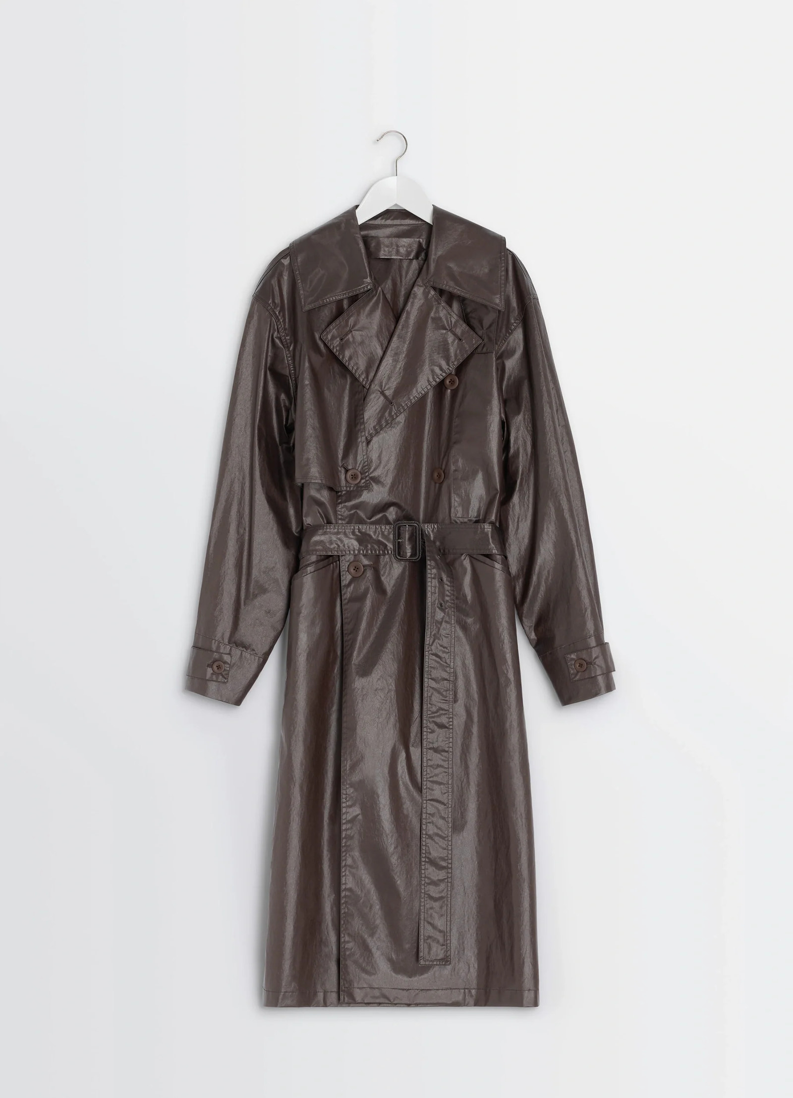 Oversized trench coat in metallic coated cotton, product shot, hanger shot large notch lapel
