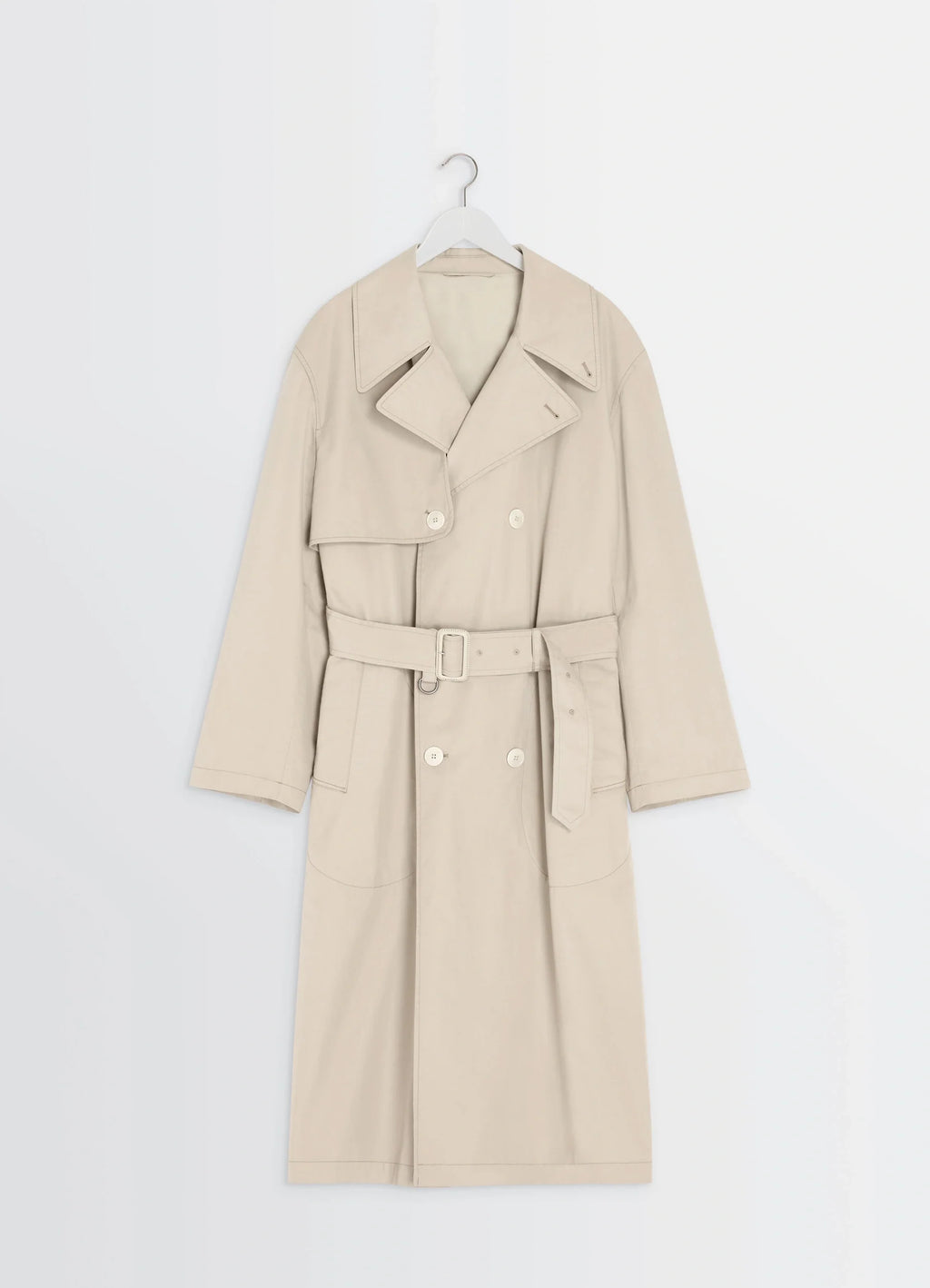Ventile Trench Coat in Beige Ventile Cotton, product shot, hanger display storm flaps visible