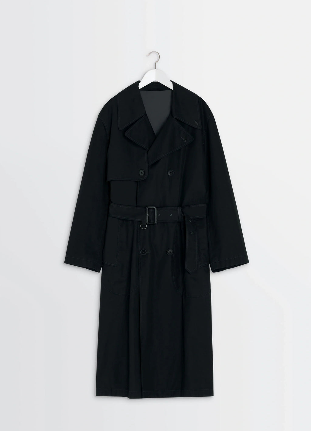 Ventile Trench Coat in Black Ventile Cotton, product shot, hanging packshot view storm flap, belt loops