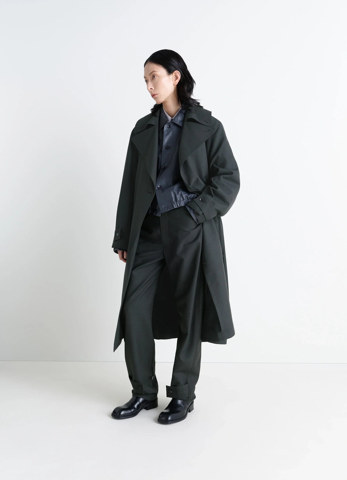 Lemaire Trench Coat in Tropical Wool-Blend, model shot, Front-side view Oversized fit