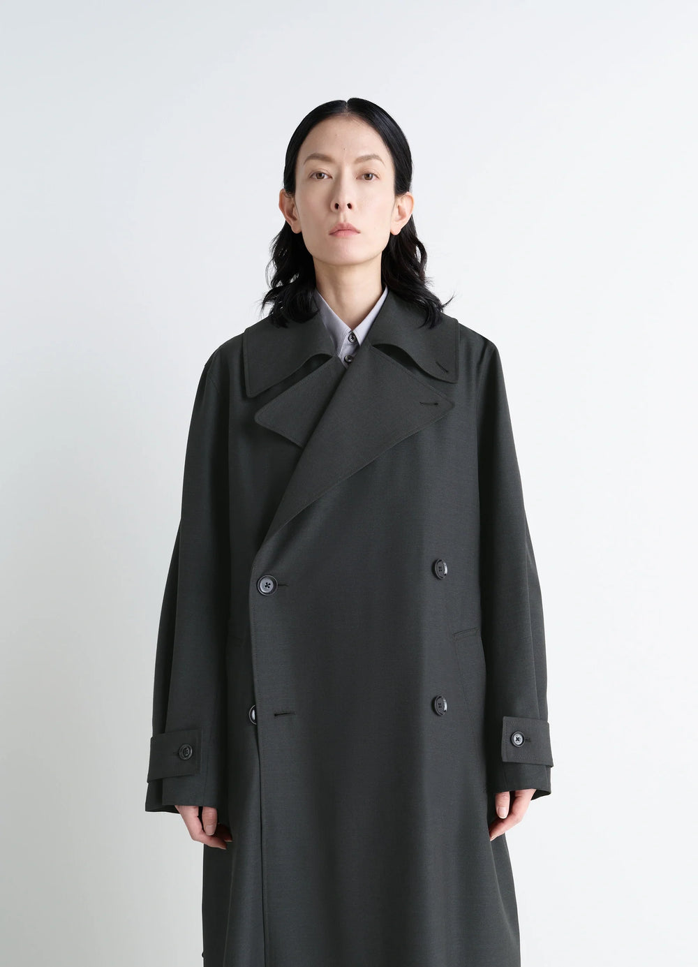 Lemaire Trench Coat in Tropical Wool-Blend, model shot, close-up front view dropped shoulders