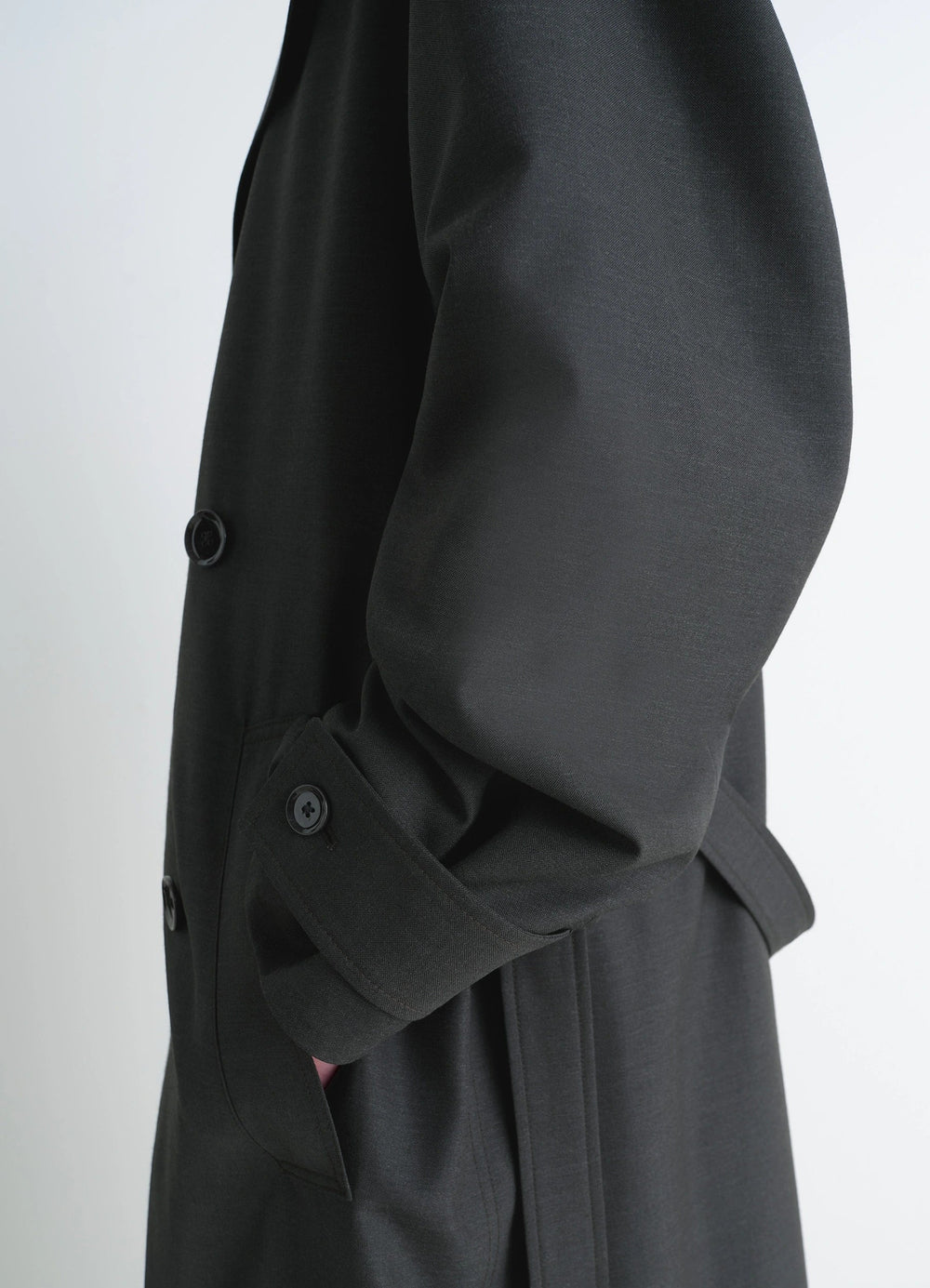 Lemaire Trench Coat in Tropical Wool-Blend, product shot, side detail view cuff buttoned sleeve