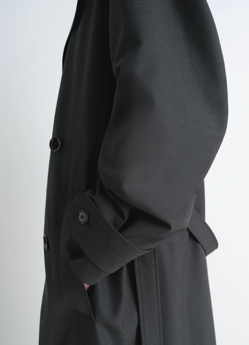 Lemaire Trench Coat in Tropical Wool-Blend, product shot, side detail view cuff buttoned sleeve