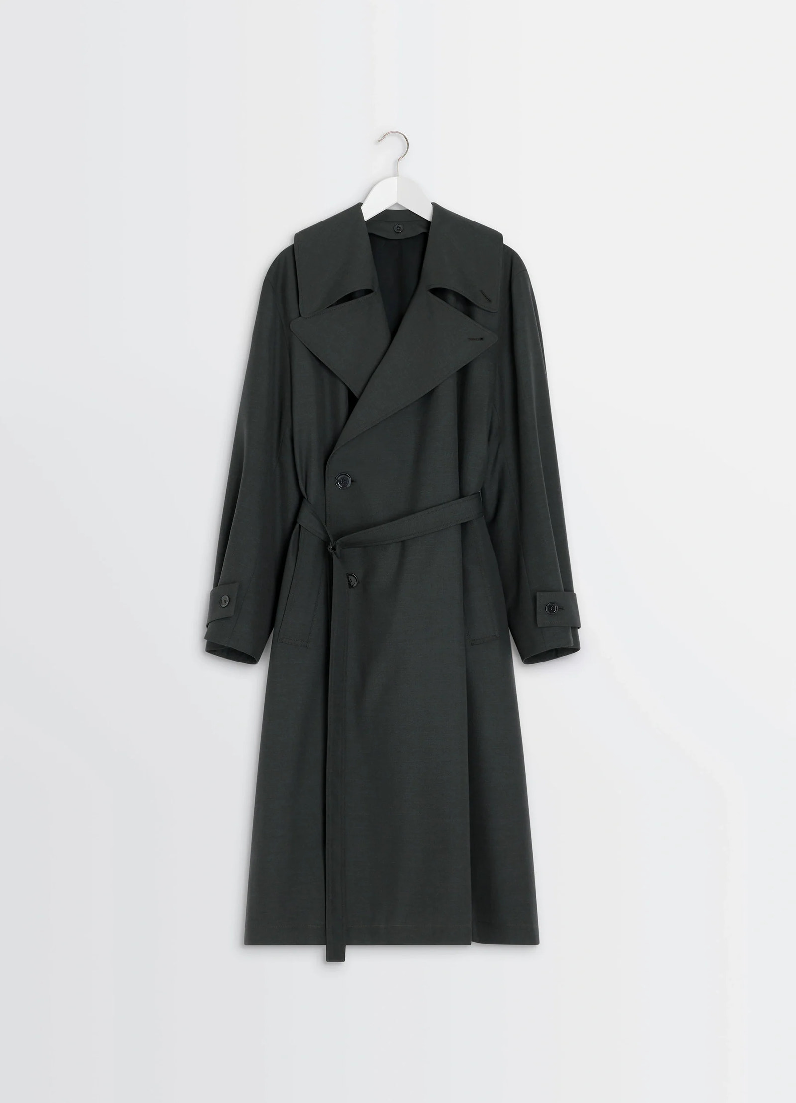 Lemaire trench coat in tropical wool-blend, product shot, hanger front view detachable lining visible