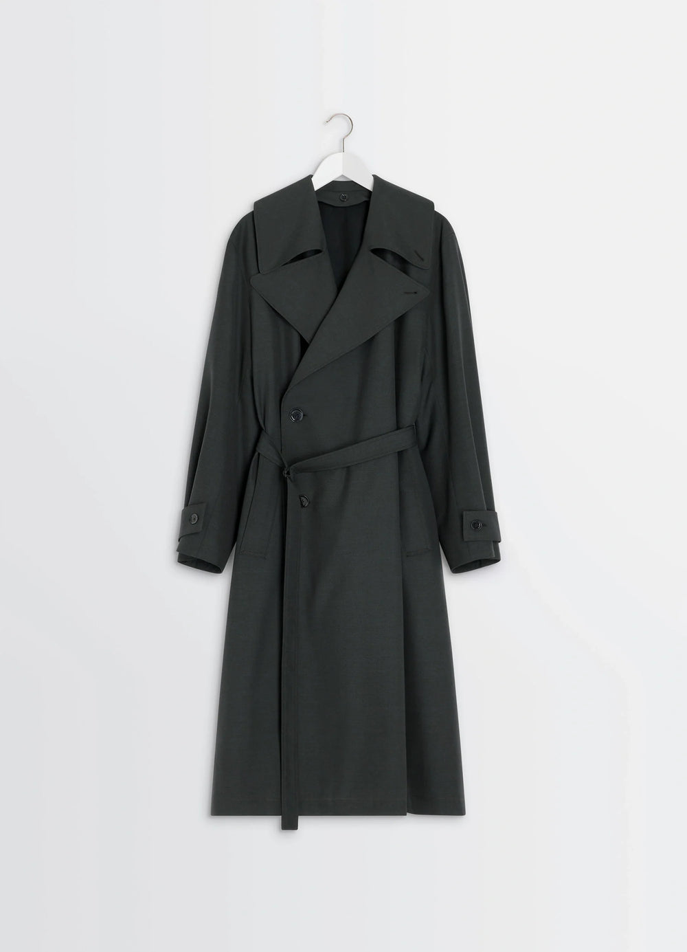 Lemaire Trench Coat in Tropical Wool-Blend, product shot, hanger front view detachable lining visible
