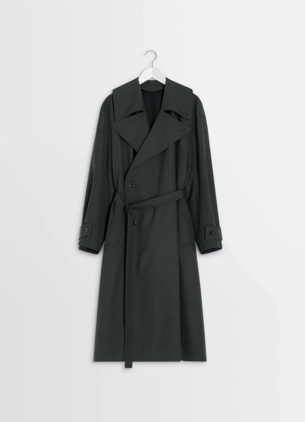 Lemaire Trench Coat in Tropical Wool-Blend, product shot, hanger front view detachable lining visible