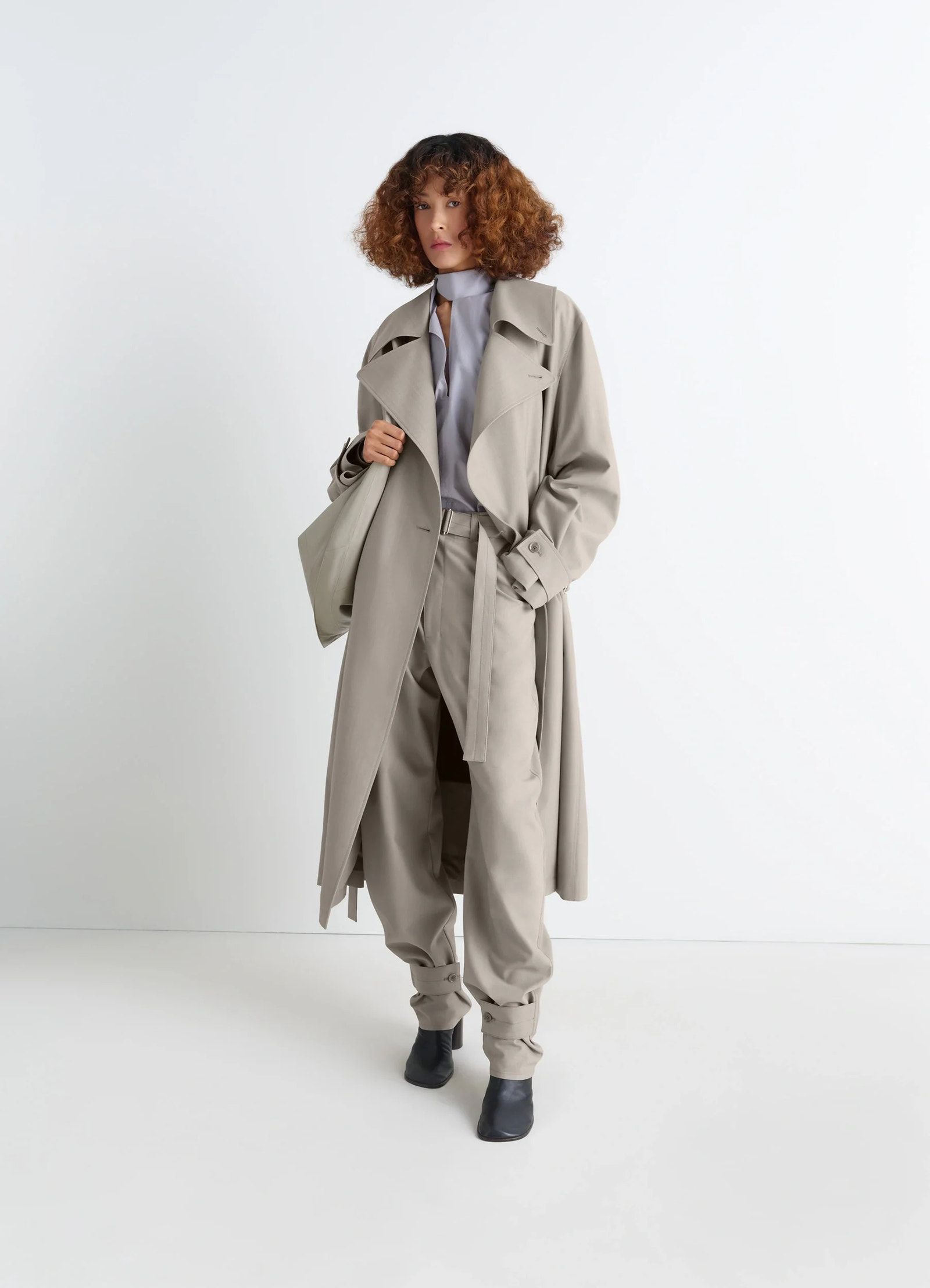 Lemaire trench coat in tropical wool-blend mottled, model shot, front view oversized fit