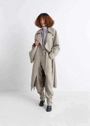 Lemaire Trench Coat in Tropical Wool-Blend Mottled, model shot, front view oversized fit