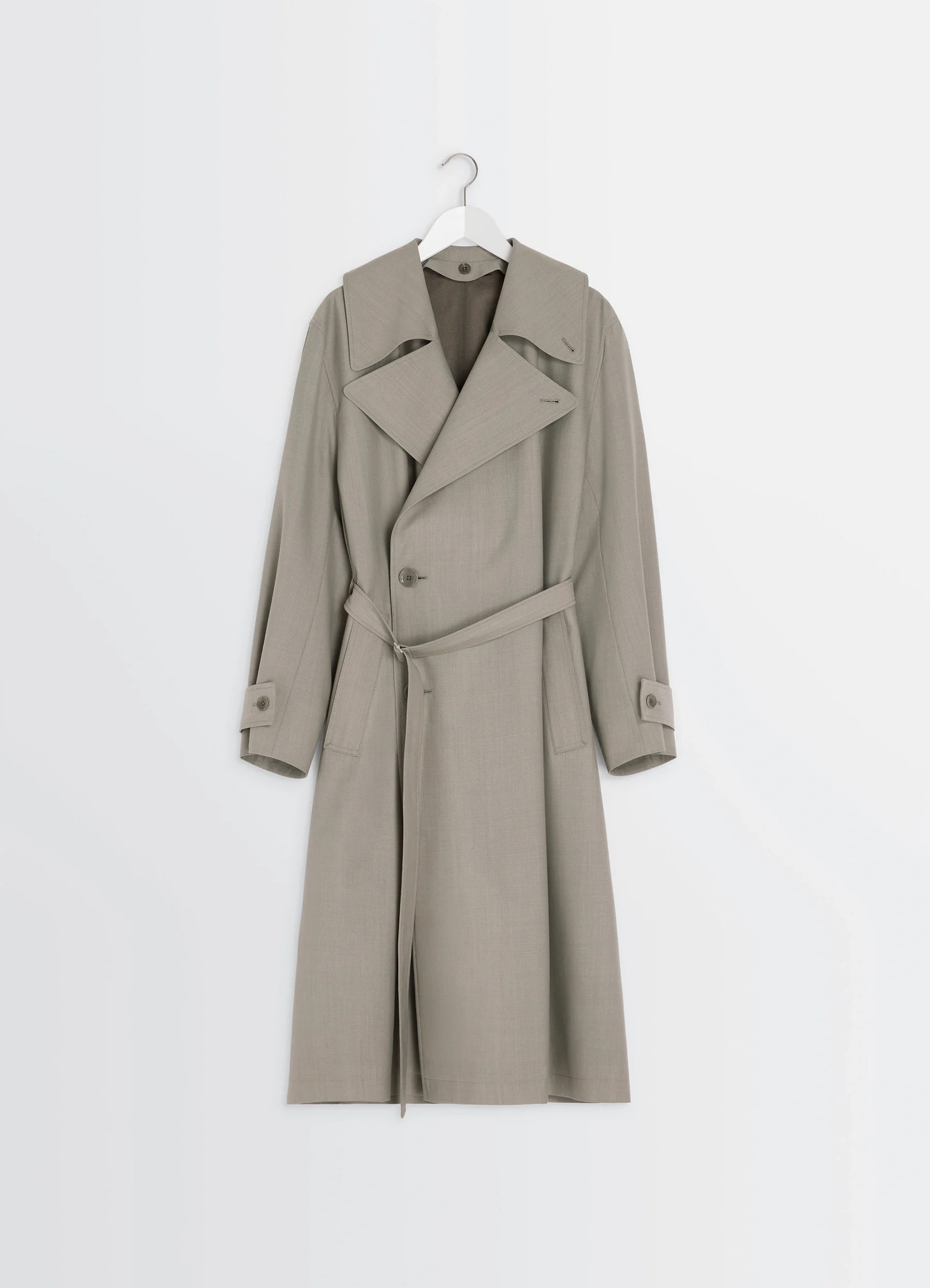 Lemaire trench coat in tropical wool-blend mottled, product shot, hanger display view asymmetrical button closure