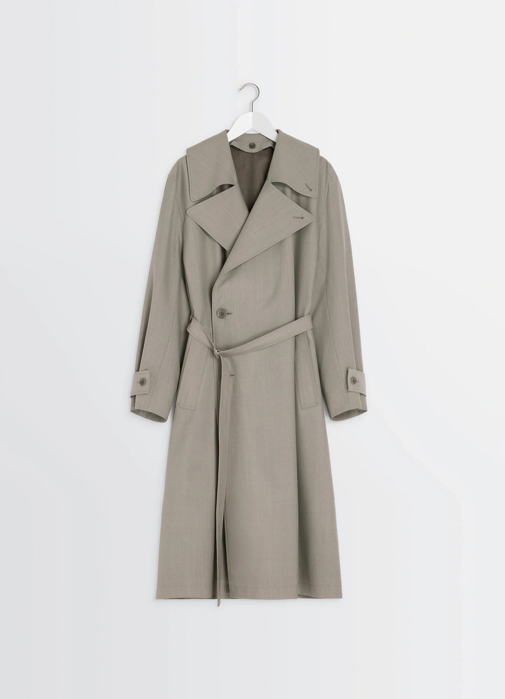 Lemaire Trench Coat in Tropical Wool-Blend Mottled, product shot, hanger display view asymmetrical button closure
