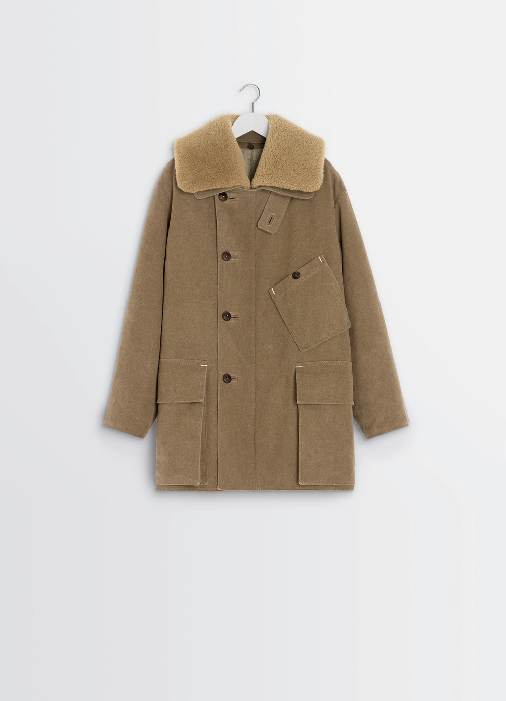 Shearling Winter Parka in Brown Cotton Canvas, product shot, angled front shot double-breasted design