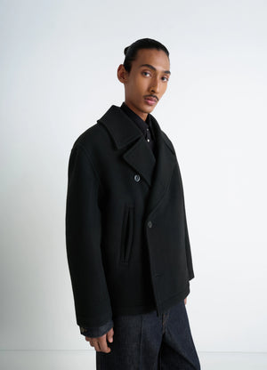 Lemaire Boxy Peacoat in Black Double-Faced Wool, model shot, Front side view Short classic cut