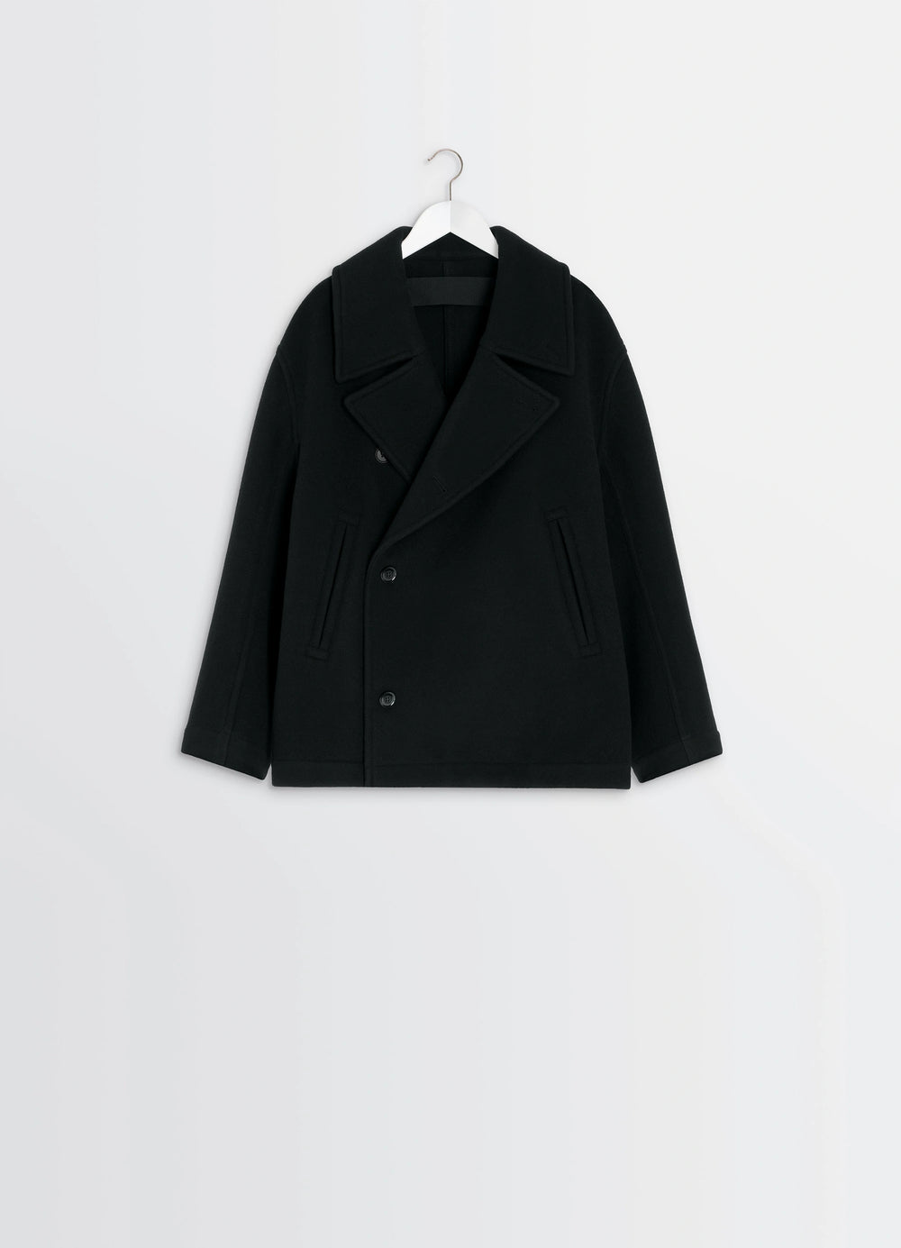Lemaire Boxy Peacoat in Black Double-Faced Wool, product shot, hanger view three-button double-breasted