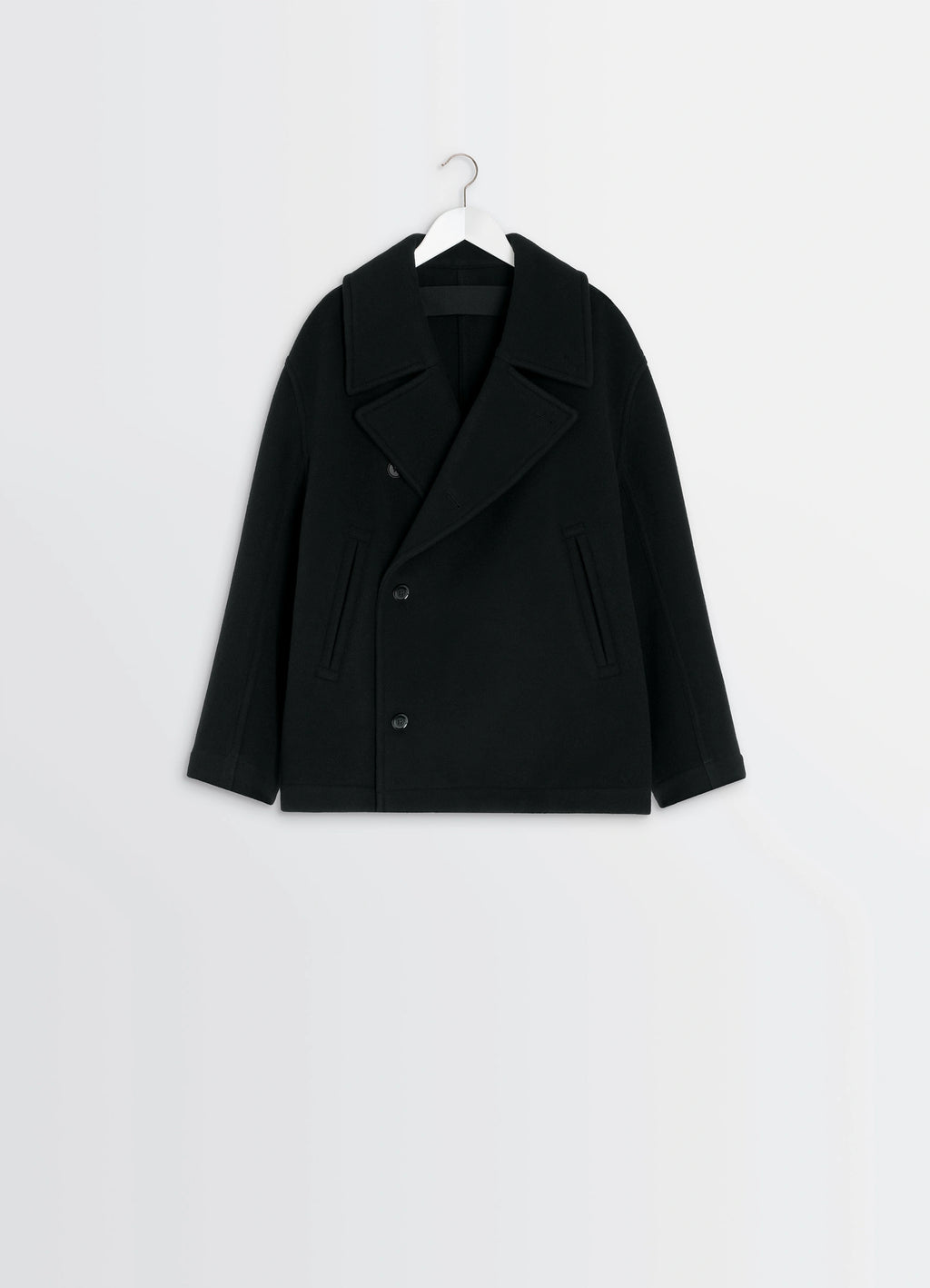 Lemaire Boxy Peacoat in Black Double-Faced Wool, product shot, hanger view three-button double-breasted