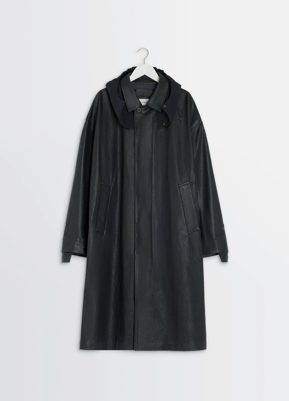 Hooded Raincoat in Water-repellent Resinated Cotton, product shot, front hanging shot collar and pocket detail