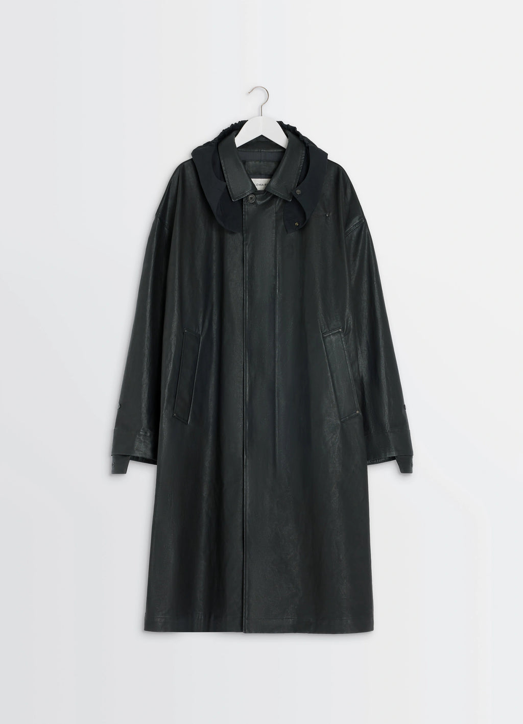 Hooded Raincoat in Water-repellent Resinated Cotton, product shot, front hanging shot collar and pocket detail