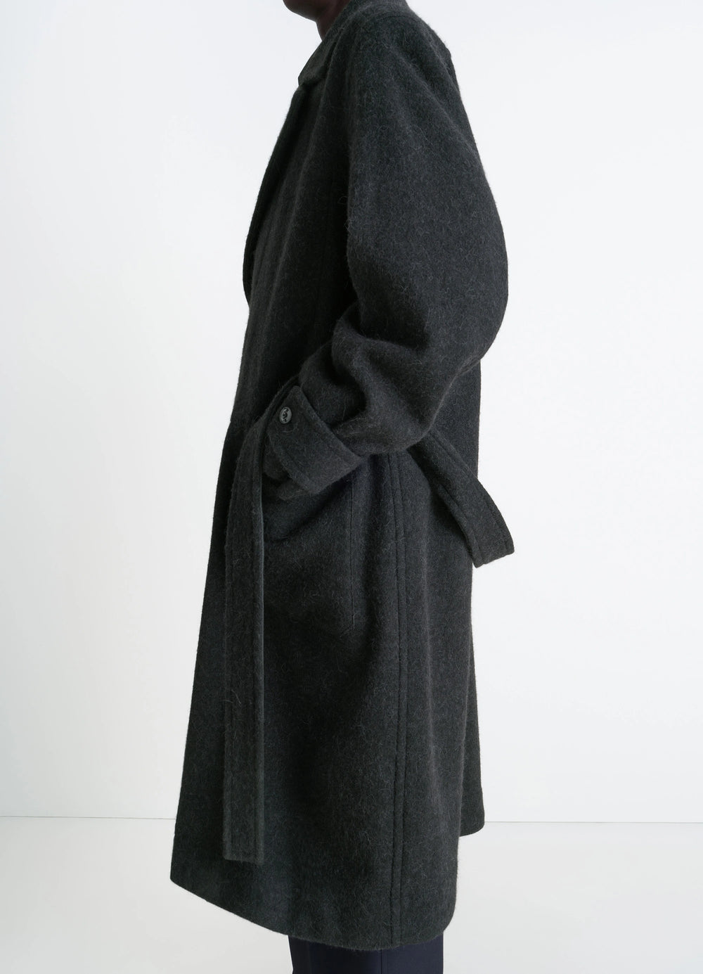 Soft Coat in Dark Wool Alpaca Blend, model shot, side view belted waist, cuff detail