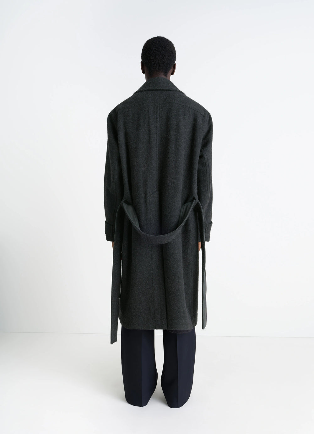 Soft Coat in Dark Wool Alpaca Blend, model shot, back view rear belt detailing